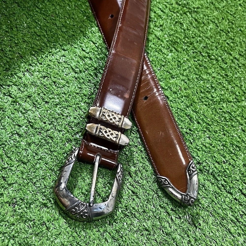 Vintage BRIGHTON Belt Women's SM Brown LEATHER 90s SILVER Brass Buckle 27"-29"